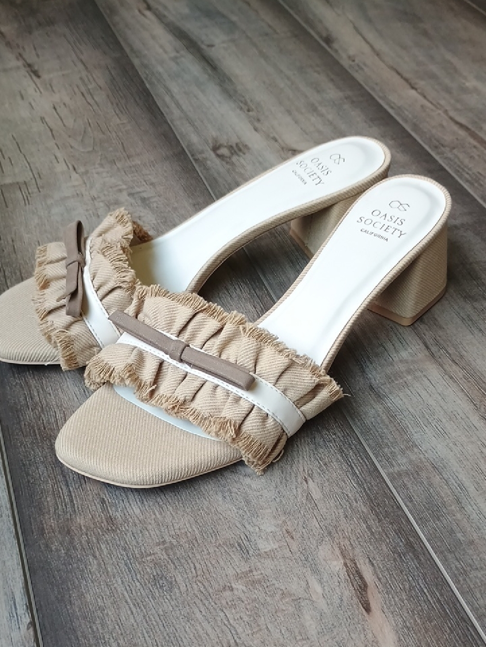 Oasis Society Beige Ruffle Slide Mules with Taupe Bow